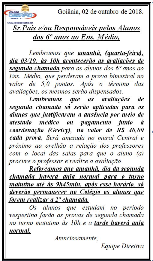 02-10 - 2ª Chamada das provas-Unidade 1