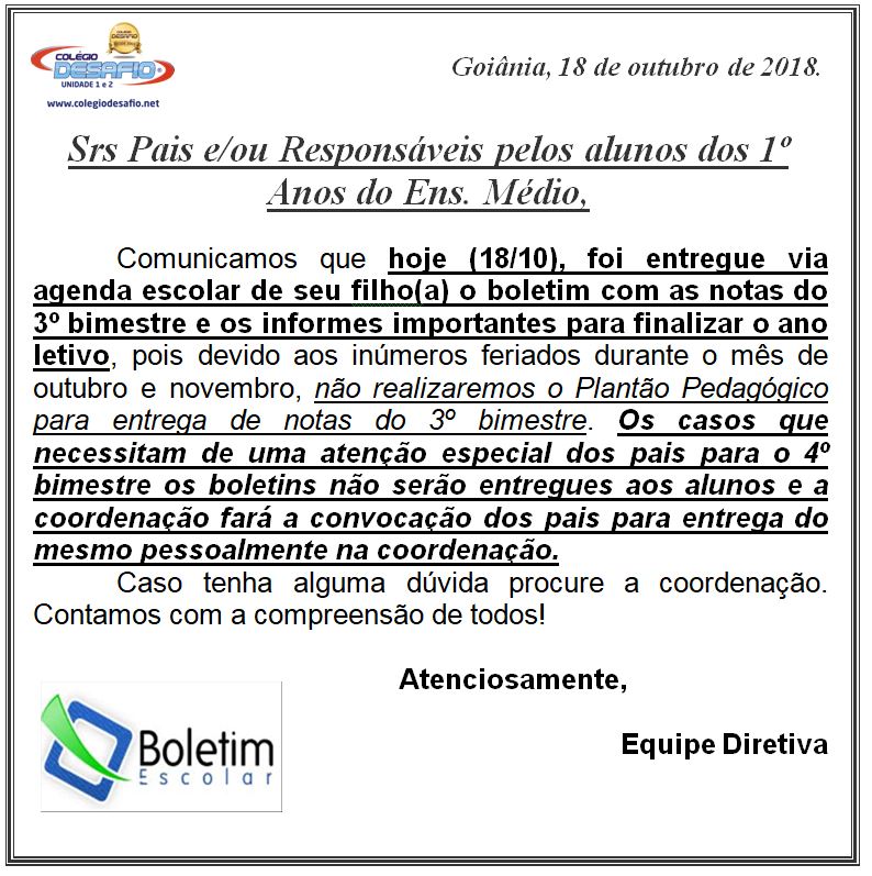 18-10 - Entrega de Boletins - 1º Ano- Unidade 1
