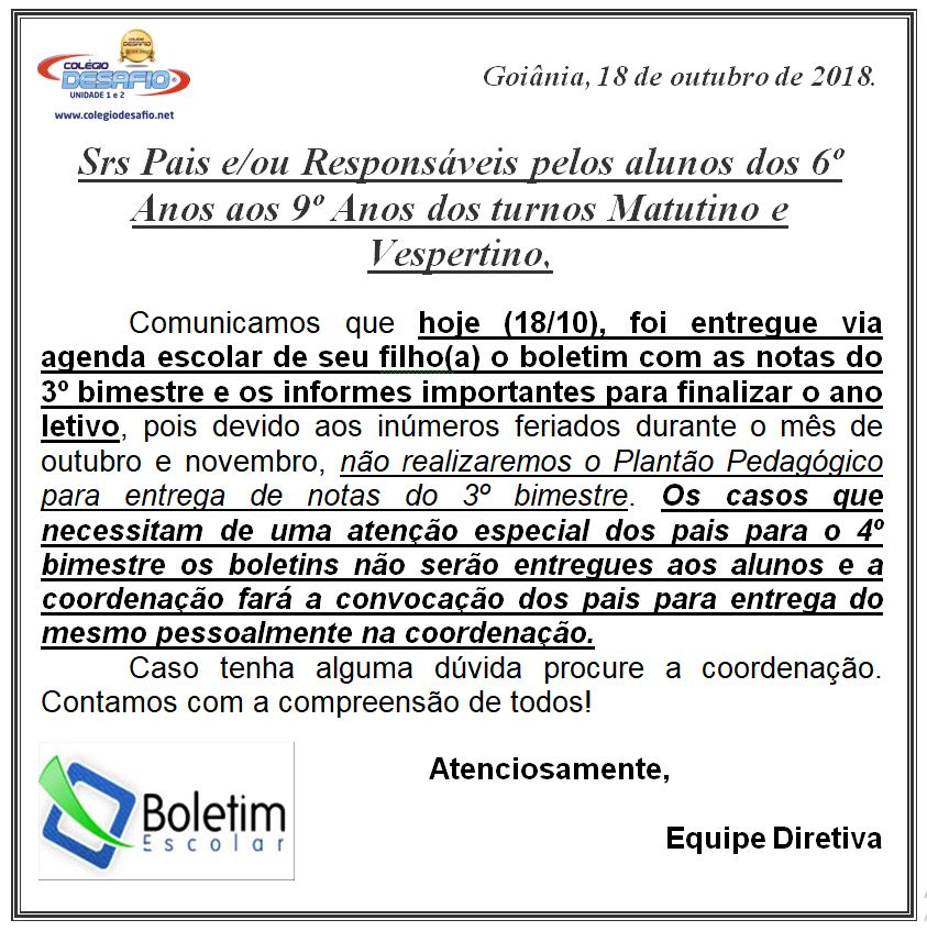 18-10 - Entrega de Boletins - 6º ao 9º - Unidade 1