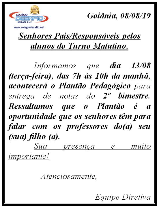 Plantão Pedagógico - Matutino - Unidade 2