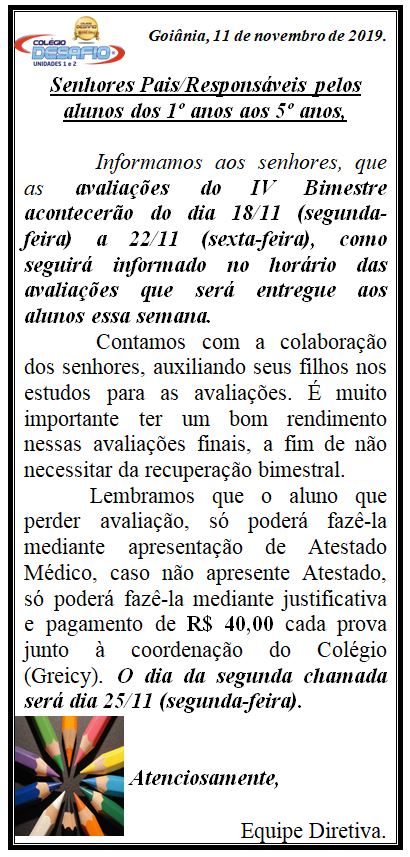 Avaliações do 4º Bimestre 1º ao 5º